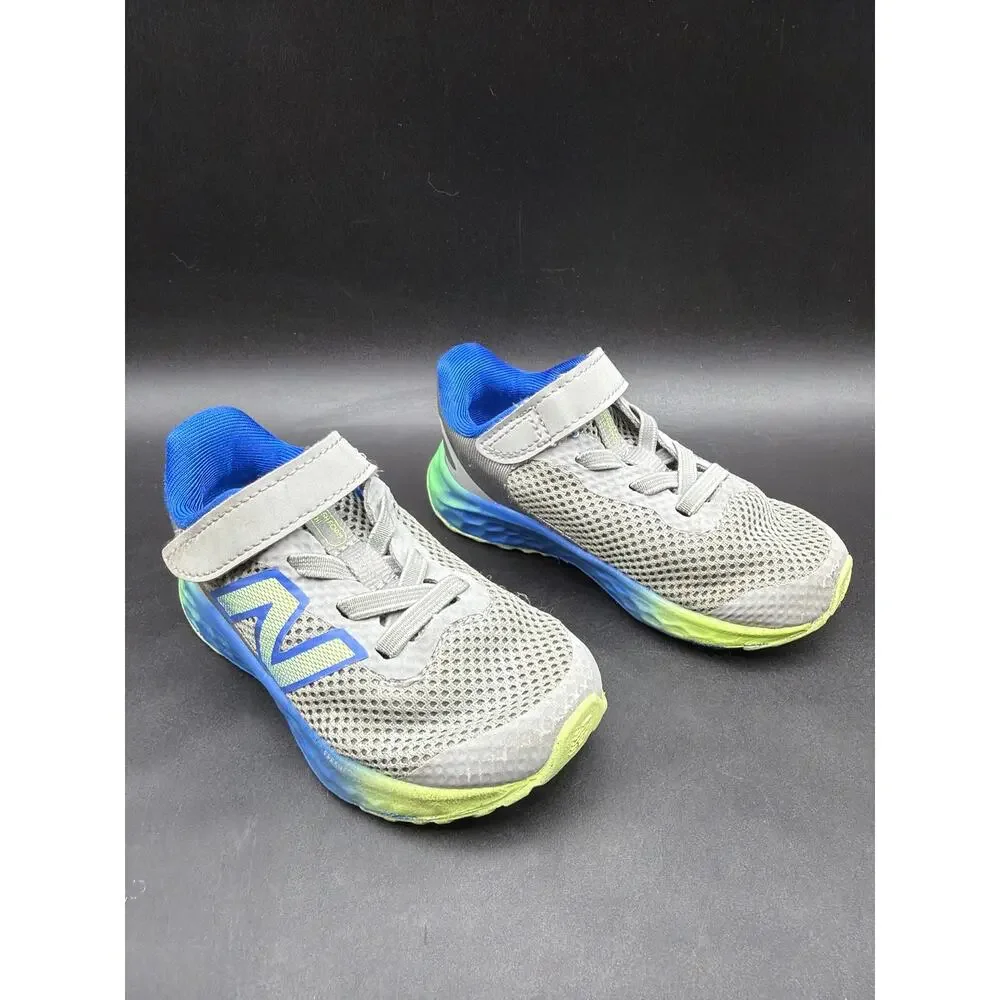 New Balance Arishi v4 Kids Running Shoes Gray Blue Green Hook Loop Size 6 US